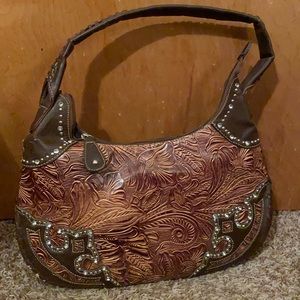 Leather work purse with rhinestone